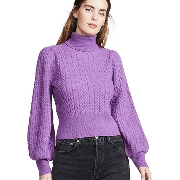 A.L.C. Callas Cable Knit Long Puff Sleeve Turtleneck Sweater Purple Wool Casual - Picture 1 of 5